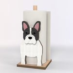 French Bulldog Wooden Dog Paper Towel Holder displayed on a kitchen countertop with a freestanding paper towel roll