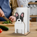 French Bulldog Wooden Dog Paper Towel Holder displayed on a kitchen countertop with a freestanding paper towel roll