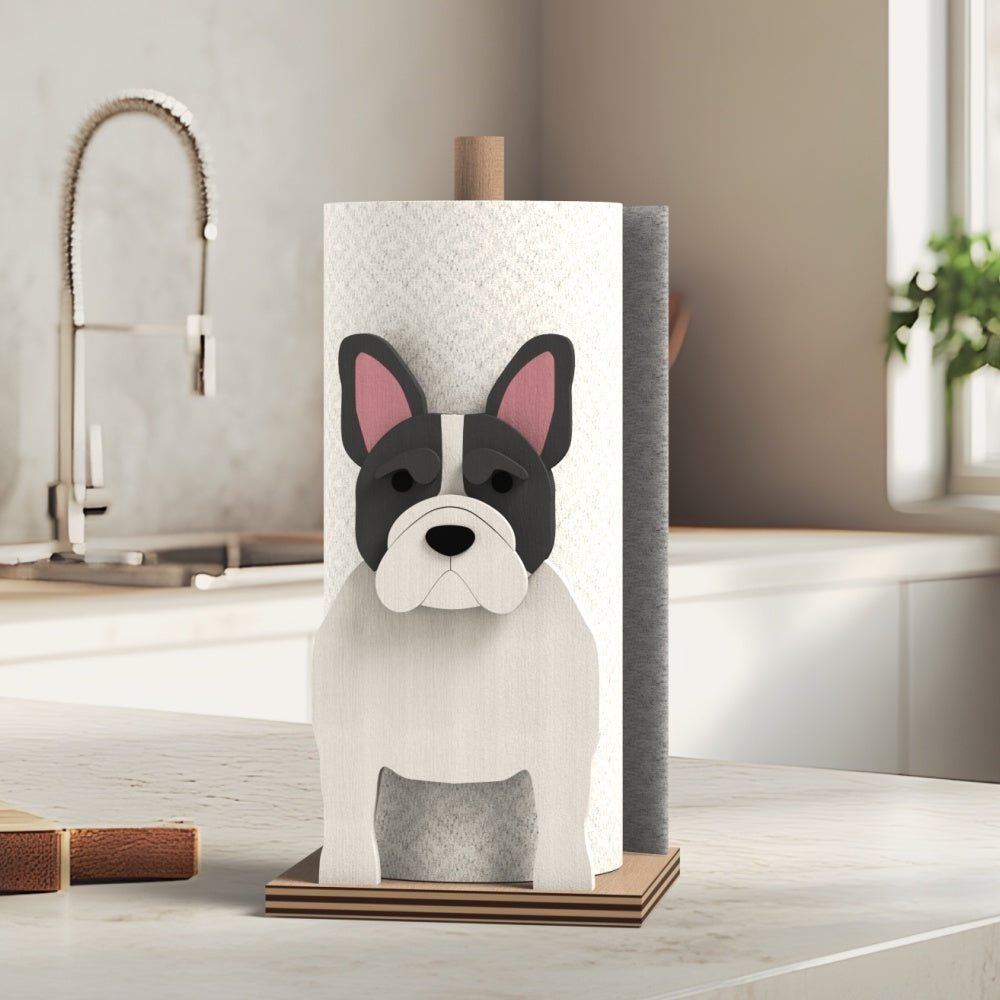 French Bulldog Wooden Dog Paper Towel Holder displayed on a kitchen countertop with a freestanding paper towel roll