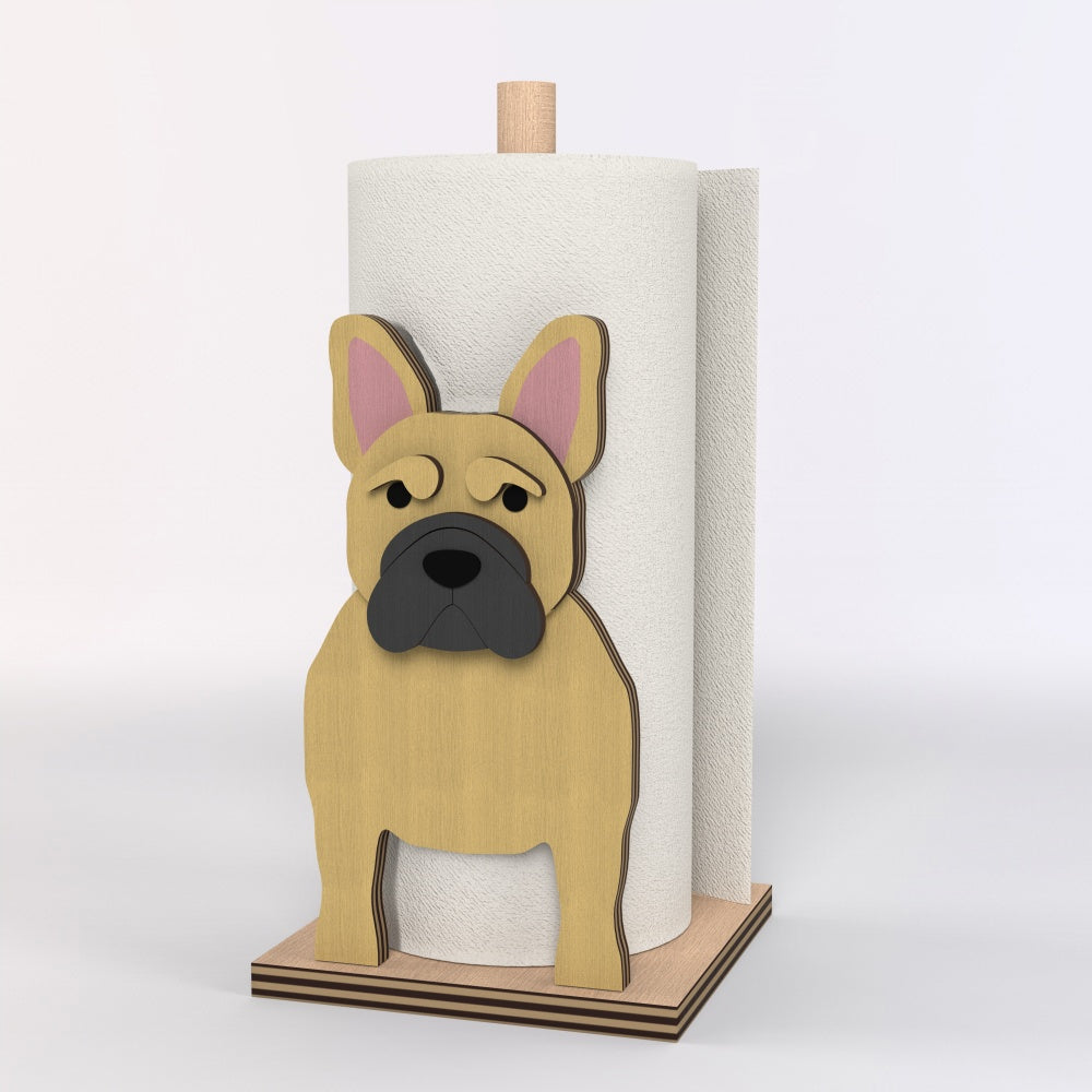 French Bulldog Wooden Dog Paper Towel Holder displayed on a kitchen countertop with a freestanding paper towel roll