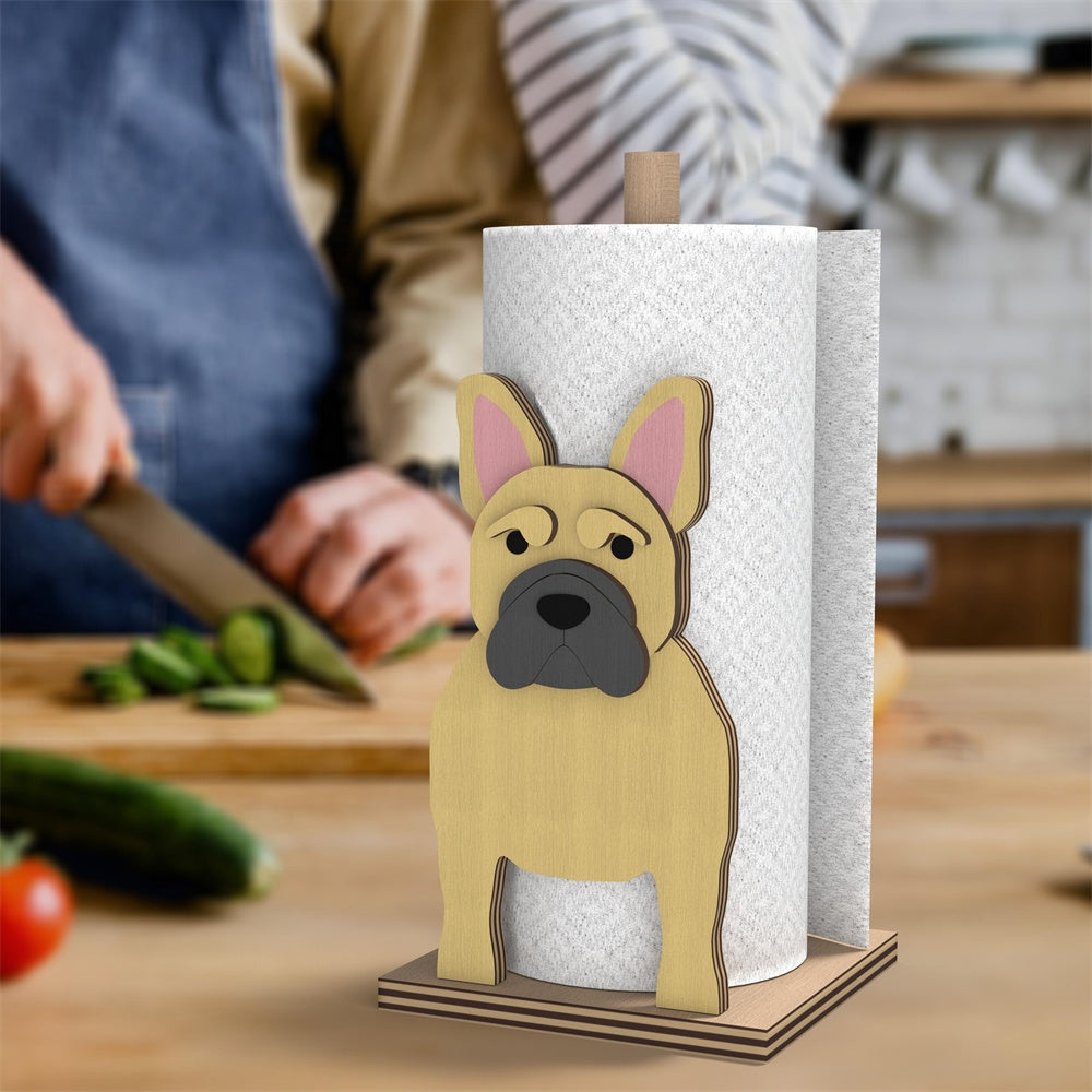 French Bulldog Wooden Dog Paper Towel Holder displayed on a kitchen countertop with a freestanding paper towel roll