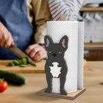 French Bulldog Wooden Dog Paper Towel Holder displayed on a kitchen countertop with a freestanding paper towel roll