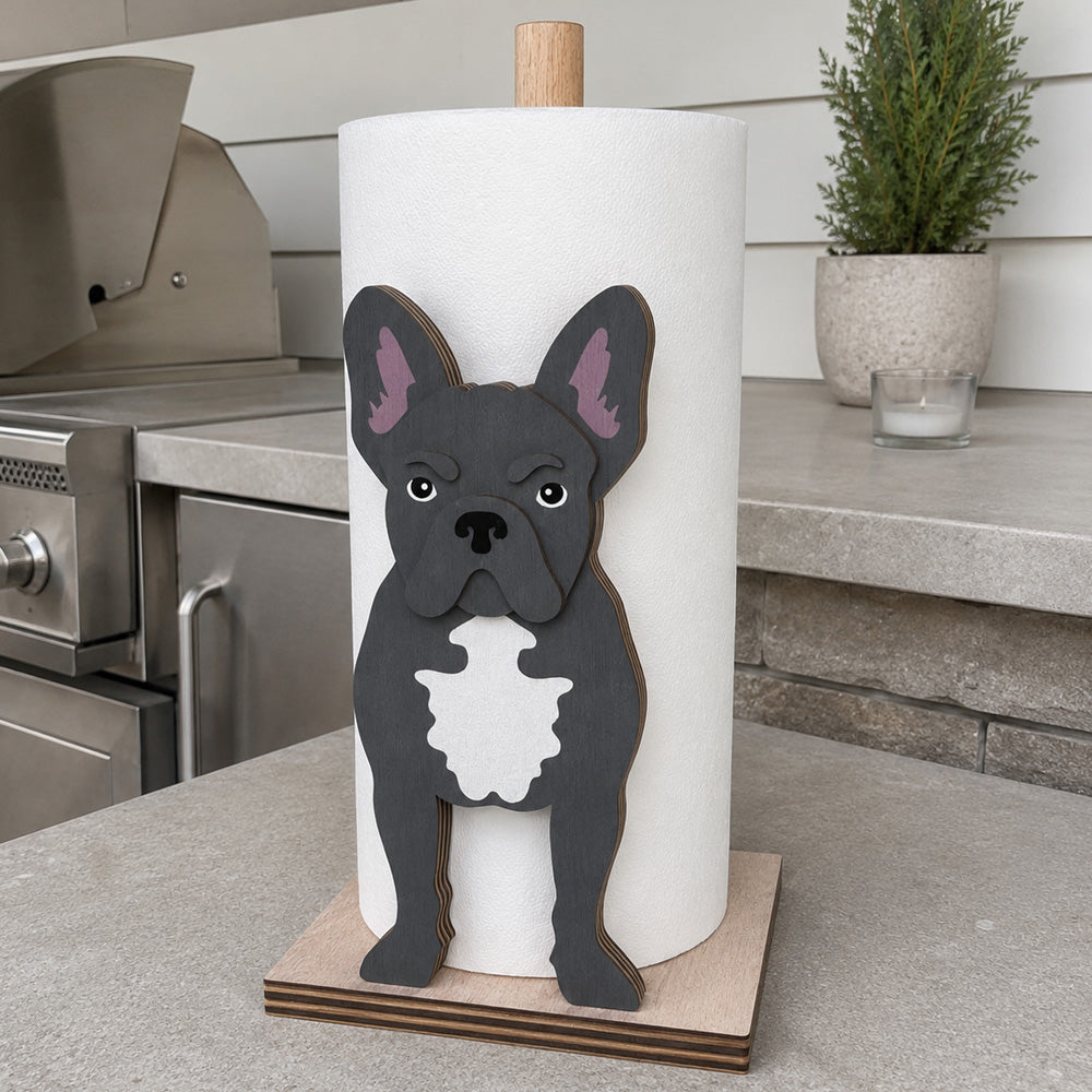 French Bulldog Wooden Dog Paper Towel Holder displayed on a kitchen countertop with a freestanding paper towel roll