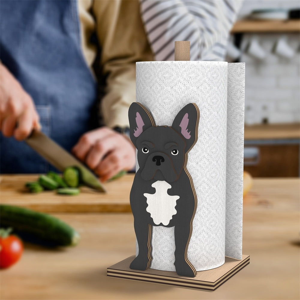 French Bulldog Wooden Dog Paper Towel Holder displayed on a kitchen countertop with a freestanding paper towel roll