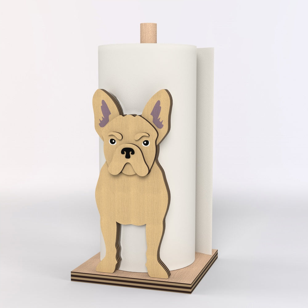 French Bulldog Wooden Dog Paper Towel Holder displayed on a kitchen countertop with a freestanding paper towel roll