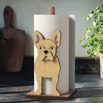 French Bulldog Wooden Dog Paper Towel Holder displayed on a kitchen countertop with a freestanding paper towel roll