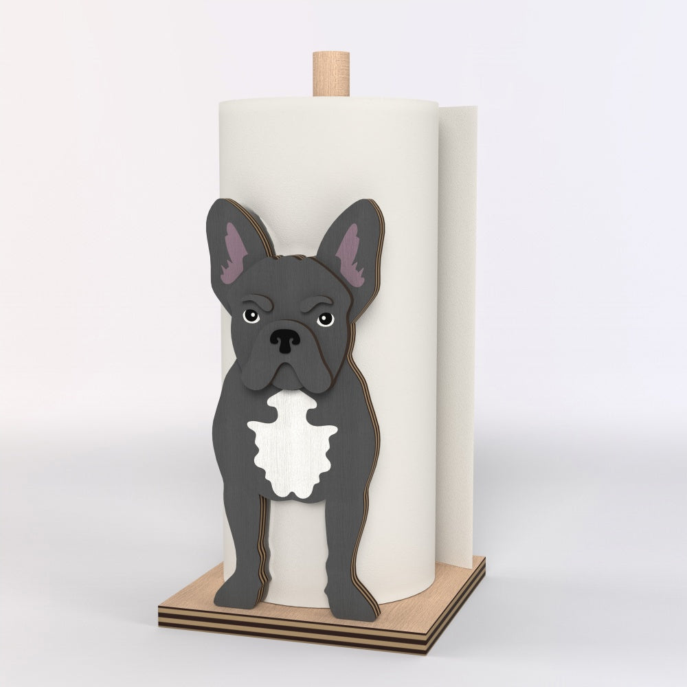 French Bulldog Wooden Dog Paper Towel Holder displayed on a kitchen countertop with a freestanding paper towel roll
