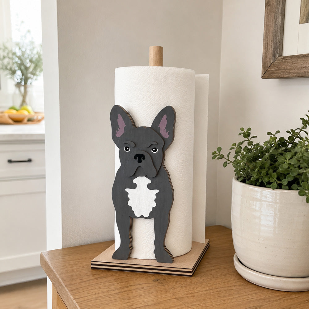French Bulldog Wooden Dog Paper Towel Holder displayed on a kitchen countertop with a freestanding paper towel roll