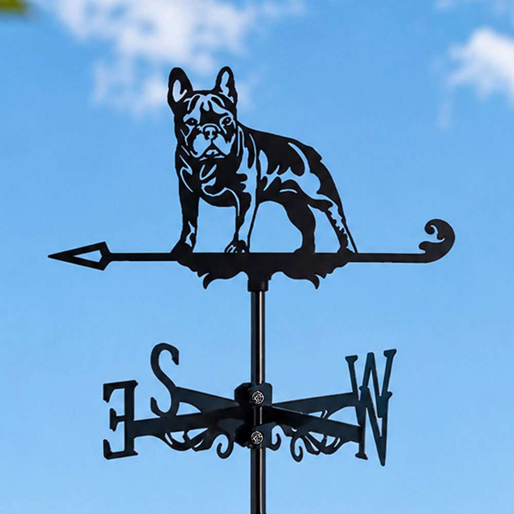 French Bulldog metal weather vane with directional arrows and mounting rod, outdoor roof and garden decoration