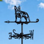 French Bulldog metal weather vane with directional arrows and mounting rod, outdoor roof and garden decoration
