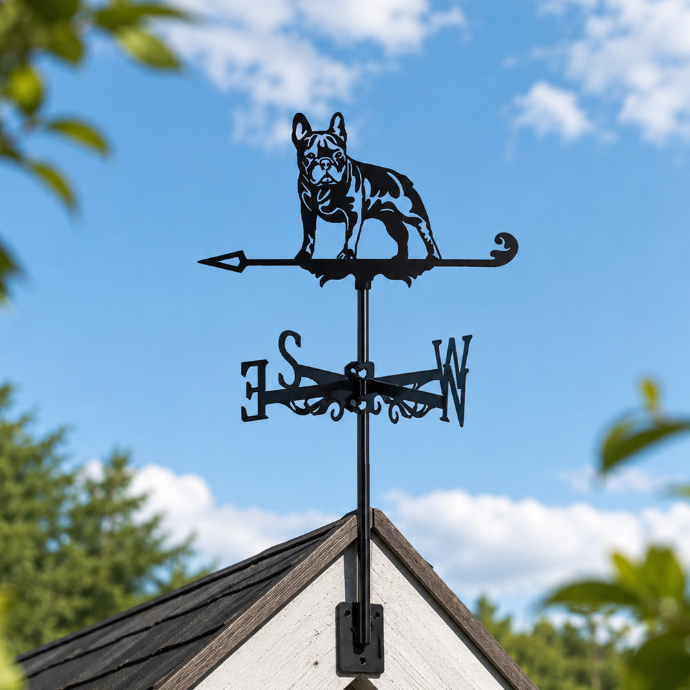 French Bulldog metal weather vane with directional arrows and mounting rod, outdoor roof and garden decoration