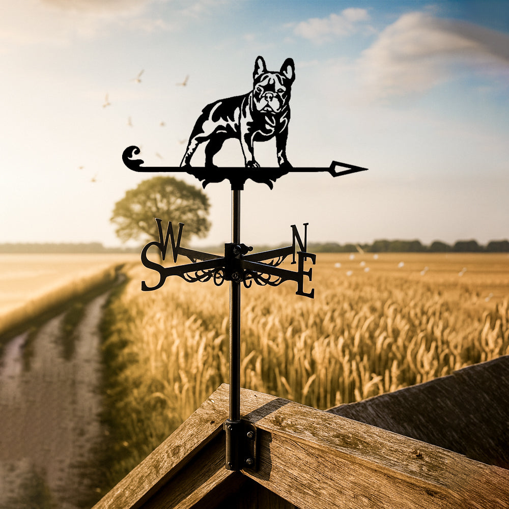 French Bulldog metal weather vane with directional arrows and mounting rod, outdoor roof and garden decoration