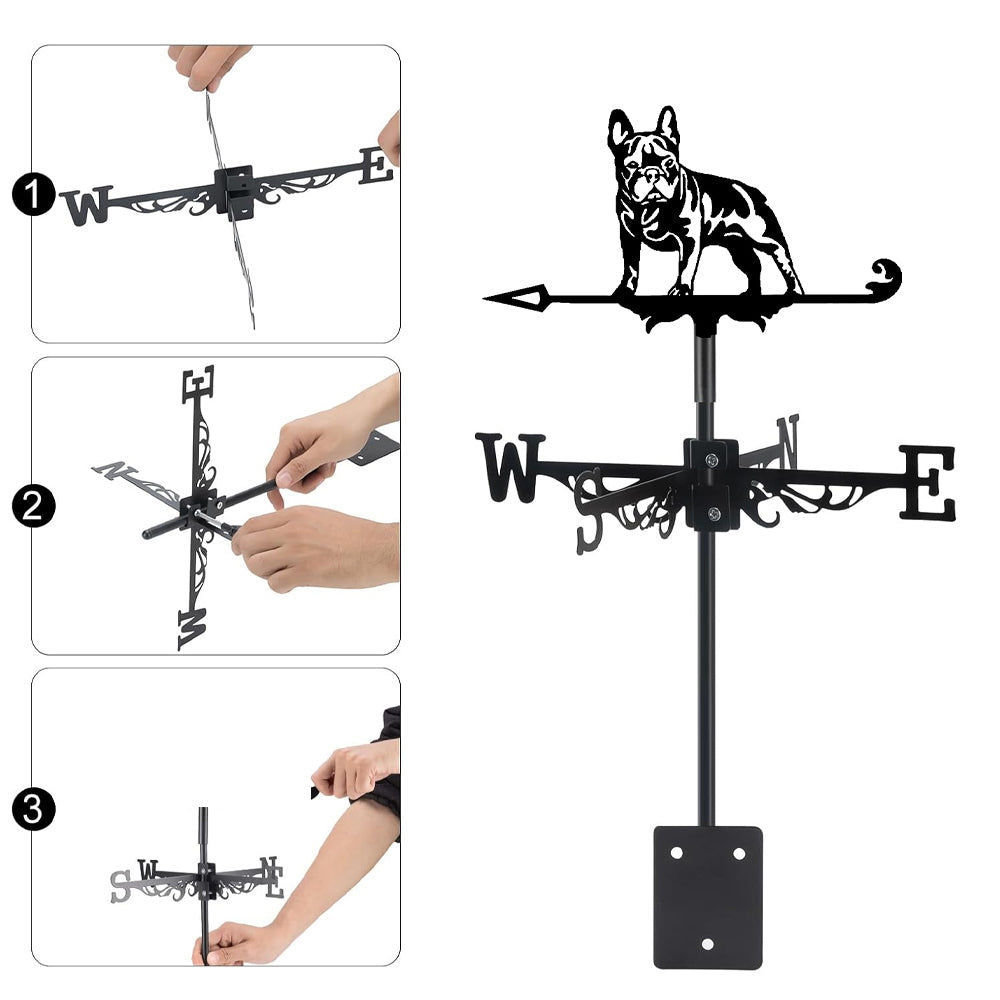 French Bulldog metal weather vane with directional arrows and mounting rod, outdoor roof and garden decoration