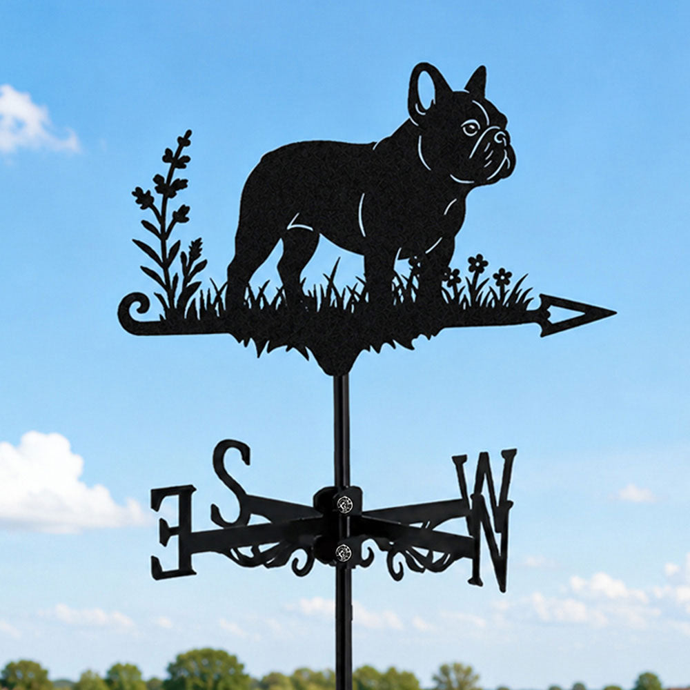 French Bulldog metal weather vane with directional arrows and mounting rod, outdoor roof and garden decoration