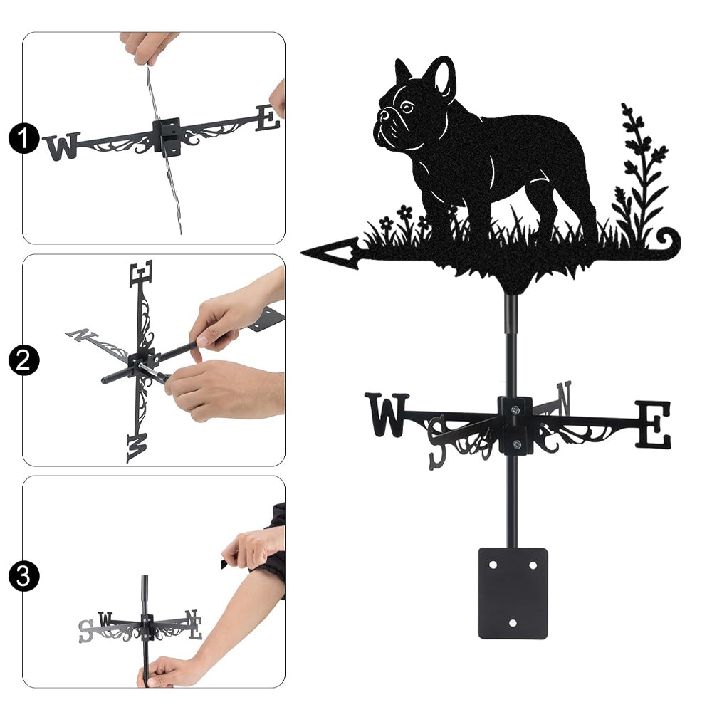 French Bulldog metal weather vane with directional arrows and mounting rod, outdoor roof and garden decoration