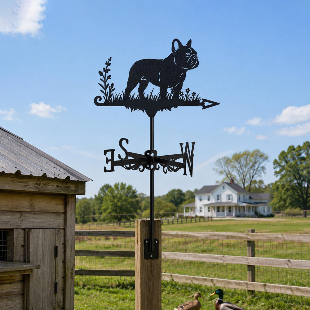 French Bulldog metal weather vane with directional arrows and mounting rod, outdoor roof and garden decoration