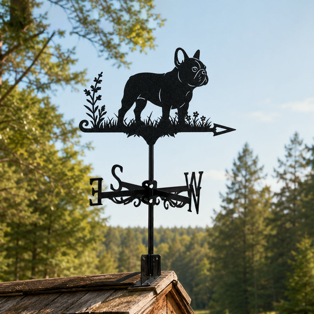 French Bulldog metal weather vane with directional arrows and mounting rod, outdoor roof and garden decoration