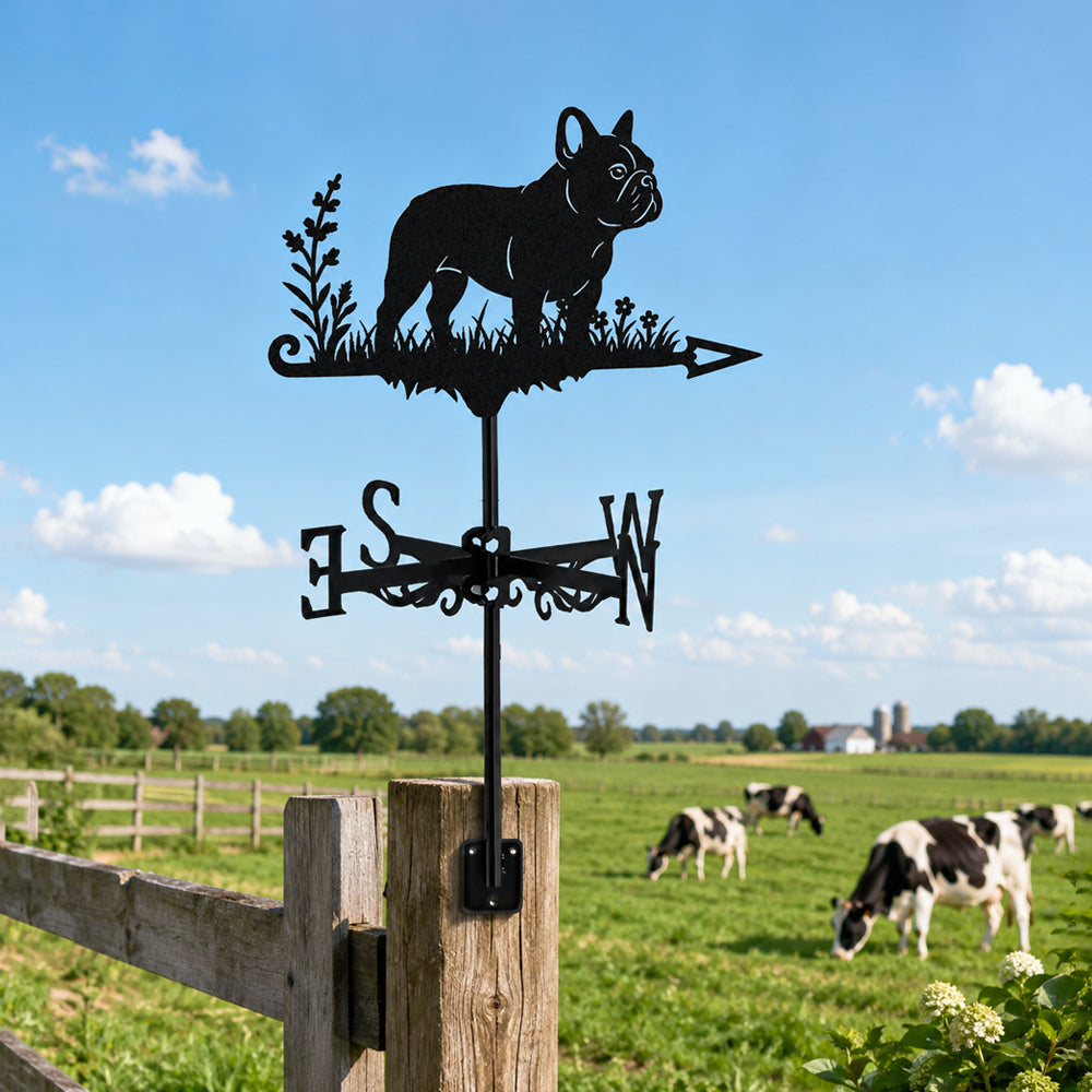 French Bulldog metal weather vane with directional arrows and mounting rod, outdoor roof and garden decoration