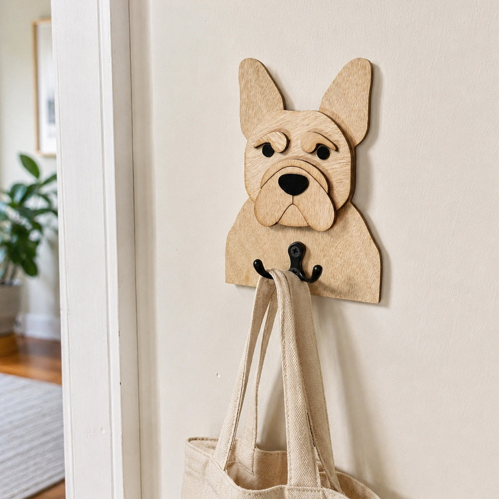 French Bulldog wooden dog wall hook key and leash holder for home entryway organizer