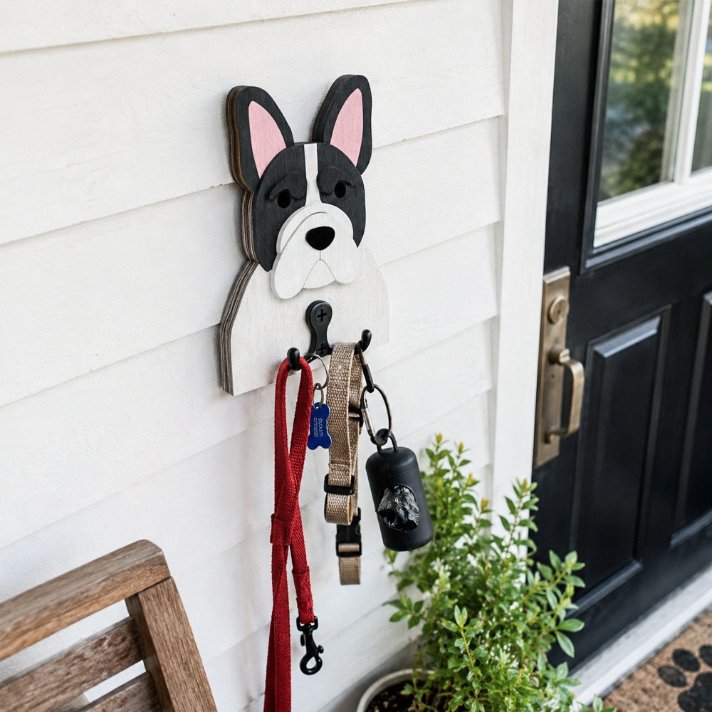French Bulldog wooden dog wall hook key and leash holder for home entryway organizer