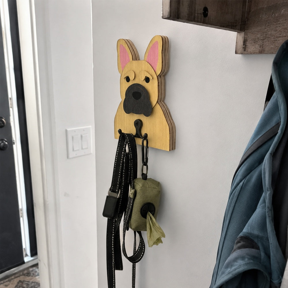 French Bulldog wooden dog wall hook key and leash holder for home entryway organizer