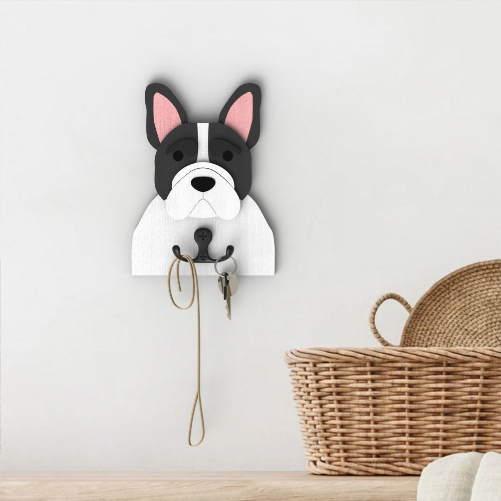French Bulldog wooden dog wall hook key and leash holder for home entryway organizer