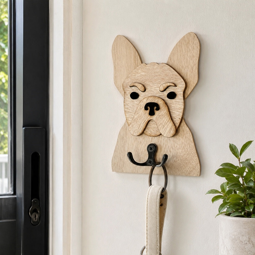 French Bulldog wooden dog wall hook key and leash holder for home entryway organizer