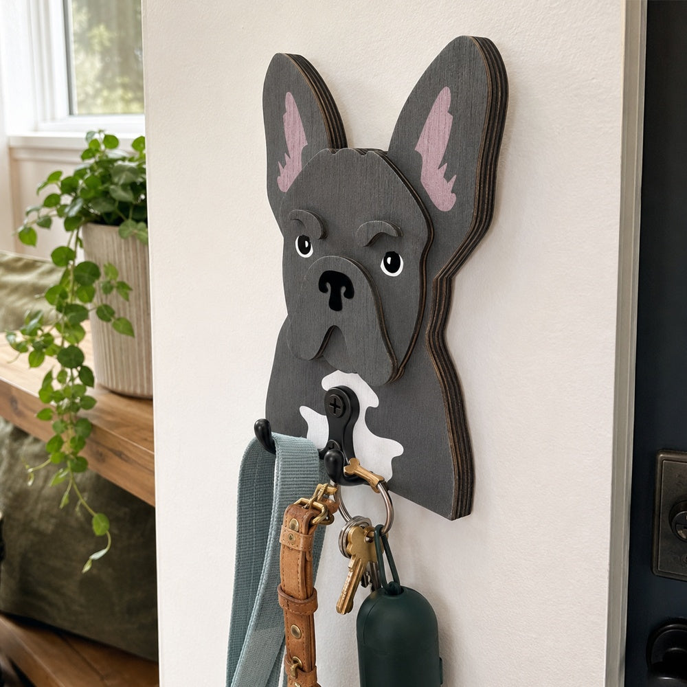 French Bulldog wooden dog wall hook key and leash holder for home entryway organizer