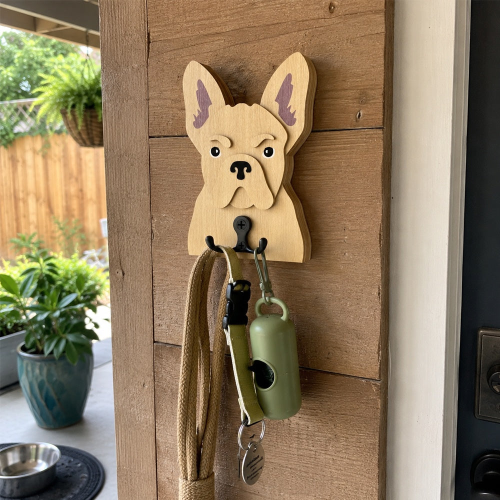 French Bulldog wooden dog wall hook key and leash holder for home entryway organizer