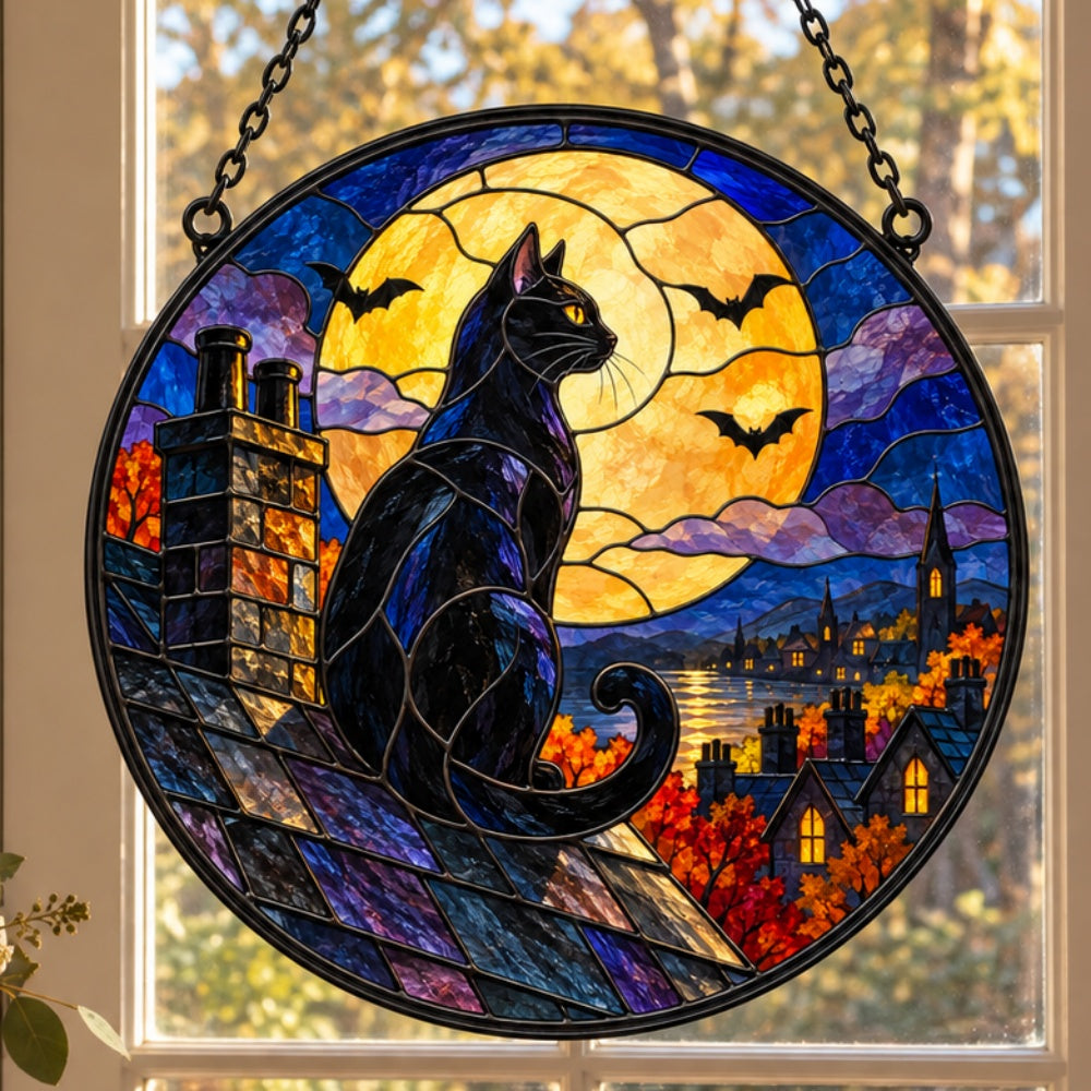 Full Moon Rooftop Black Cat Halloween stained glass suncatcher window hanging, suitable for home and garden decoration