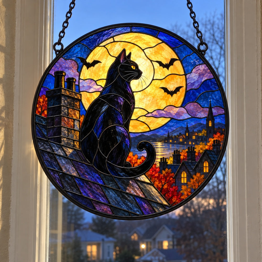 Full Moon Rooftop Black Cat Halloween stained glass suncatcher window hanging, suitable for home and garden decoration