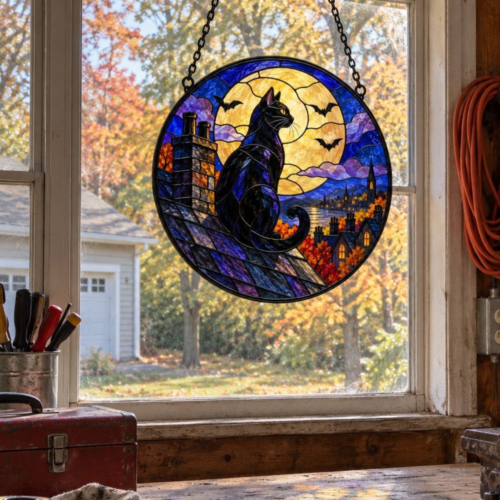 Full Moon Rooftop Black Cat Halloween stained glass suncatcher window hanging, suitable for home and garden decoration