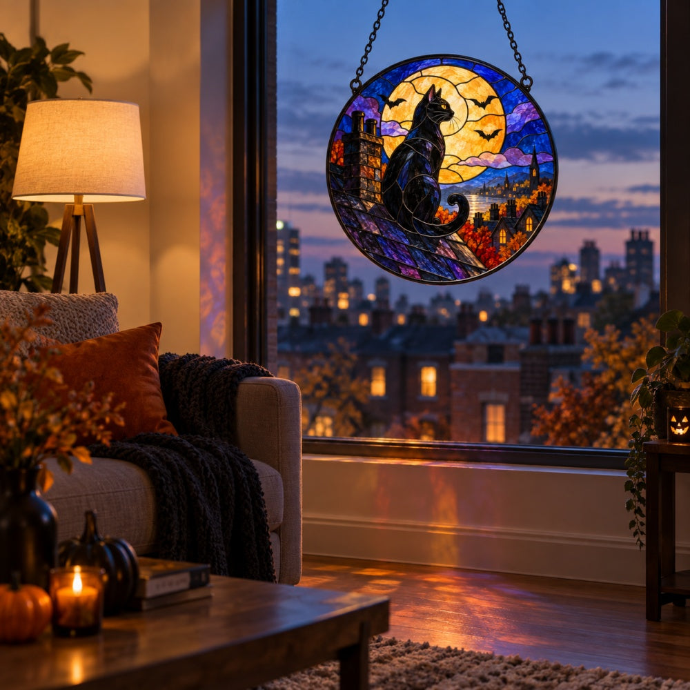 Full Moon Rooftop Black Cat Halloween stained glass suncatcher window hanging, suitable for home and garden decoration