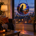 Full Moon Rooftop Black Cat Halloween stained glass suncatcher window hanging, suitable for home and garden decoration