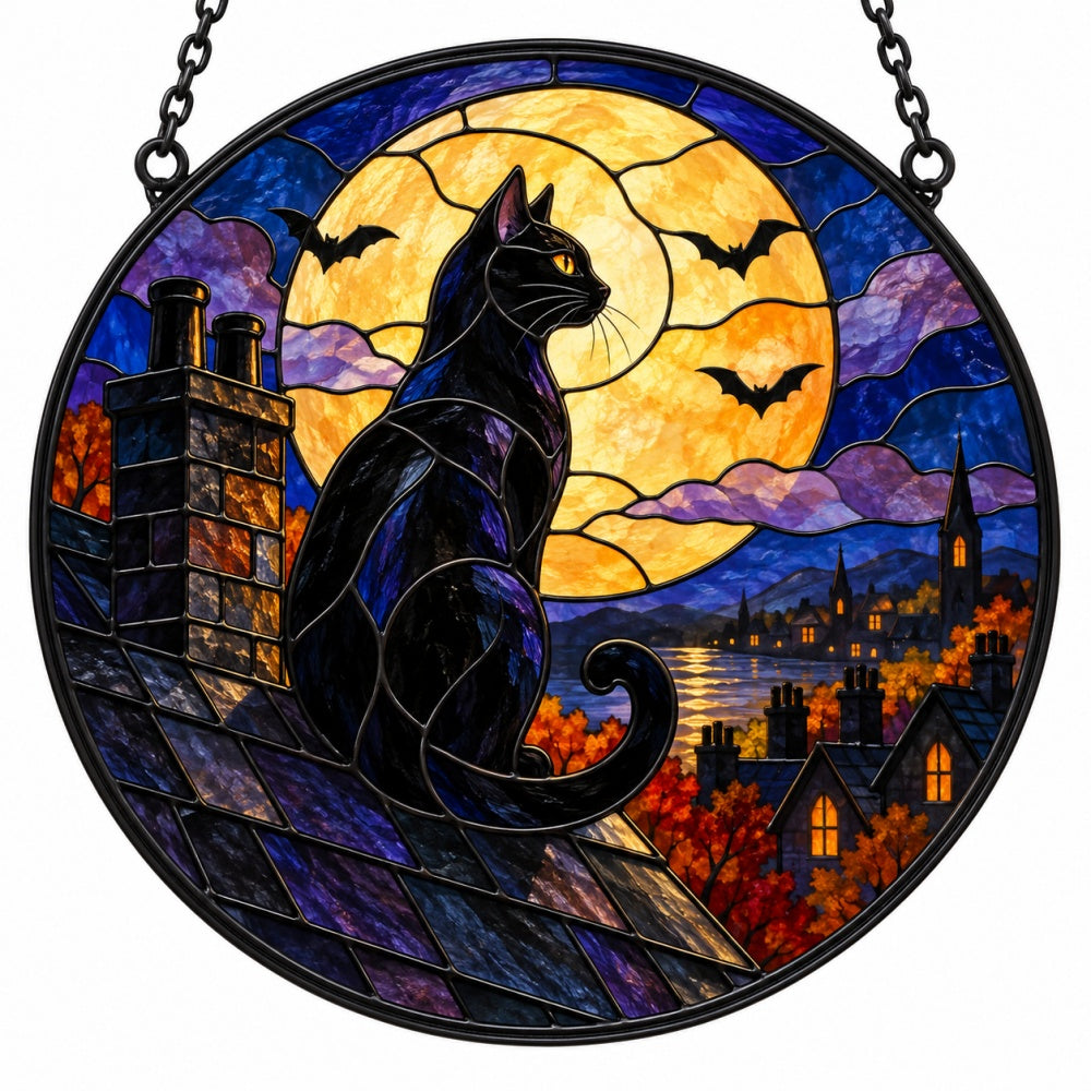 Full Moon Rooftop Black Cat Halloween stained glass suncatcher window hanging, suitable for home and garden decoration