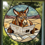 Funny donkey reading newspaper stained glass suncatcher window hanging, suitable for home and garden decoration