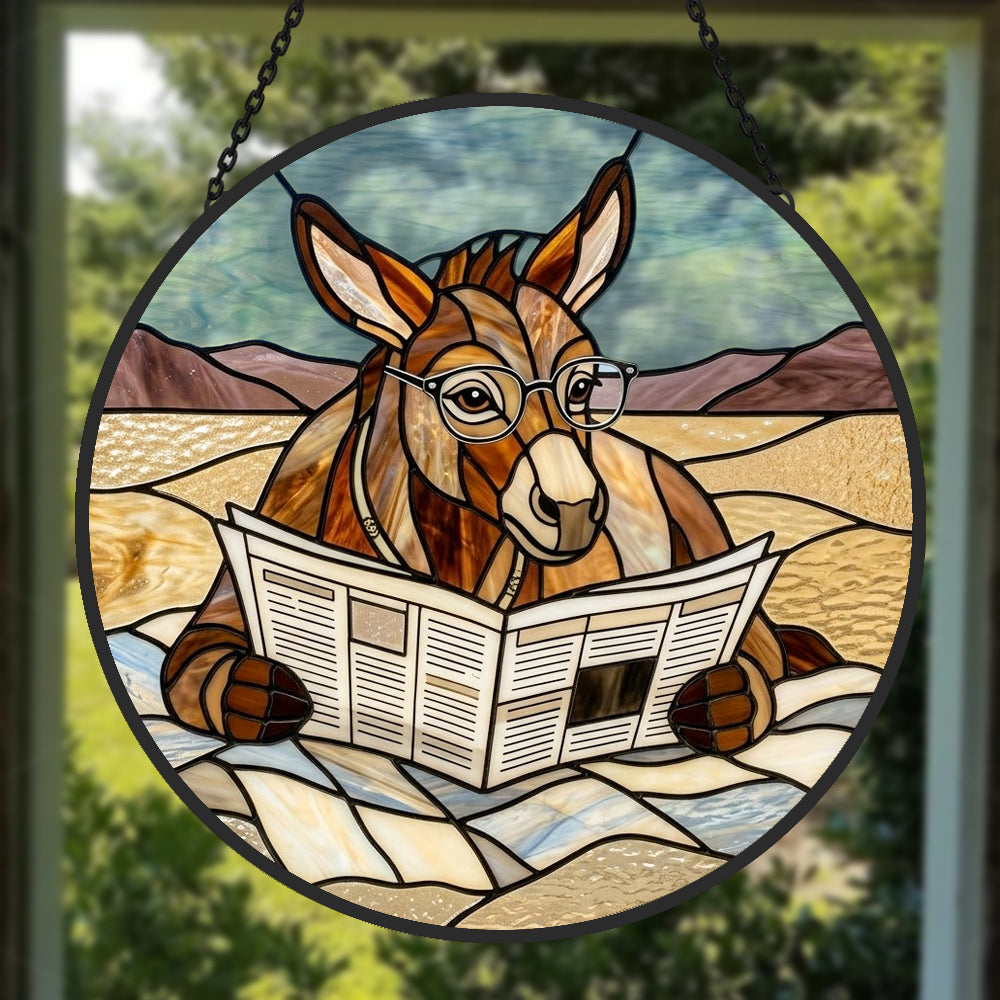 Funny donkey reading newspaper stained glass suncatcher window hanging, suitable for home and garden decoration