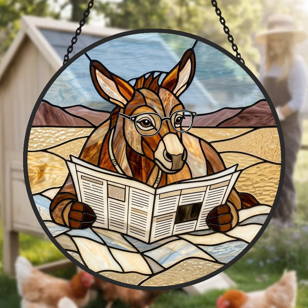 Funny donkey reading newspaper stained glass suncatcher window hanging, suitable for home and garden decoration