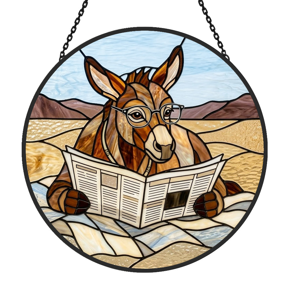 Funny donkey reading newspaper stained glass suncatcher window hanging, suitable for home and garden decoration