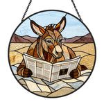 Funny donkey reading newspaper stained glass suncatcher window hanging, suitable for home and garden decoration