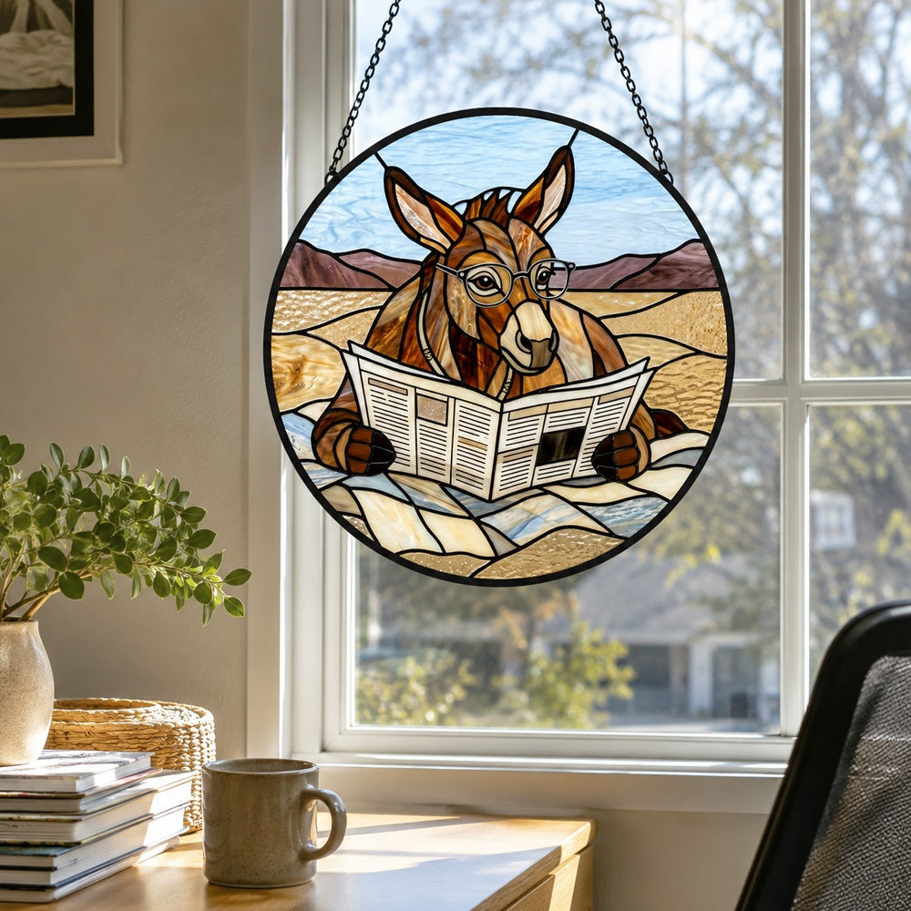 Funny donkey reading newspaper stained glass suncatcher window hanging, suitable for home and garden decoration