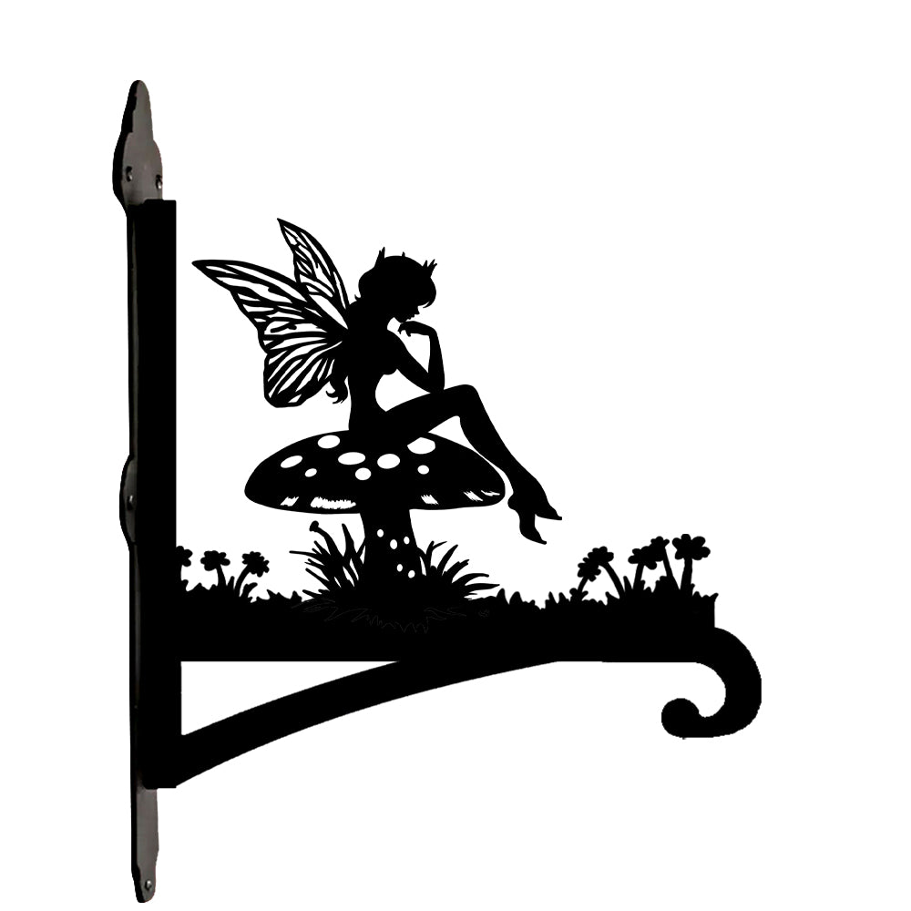 Garden fairy sitting on mushroom metal hanging basket bracket mounted on outdoor wall for plant decoration