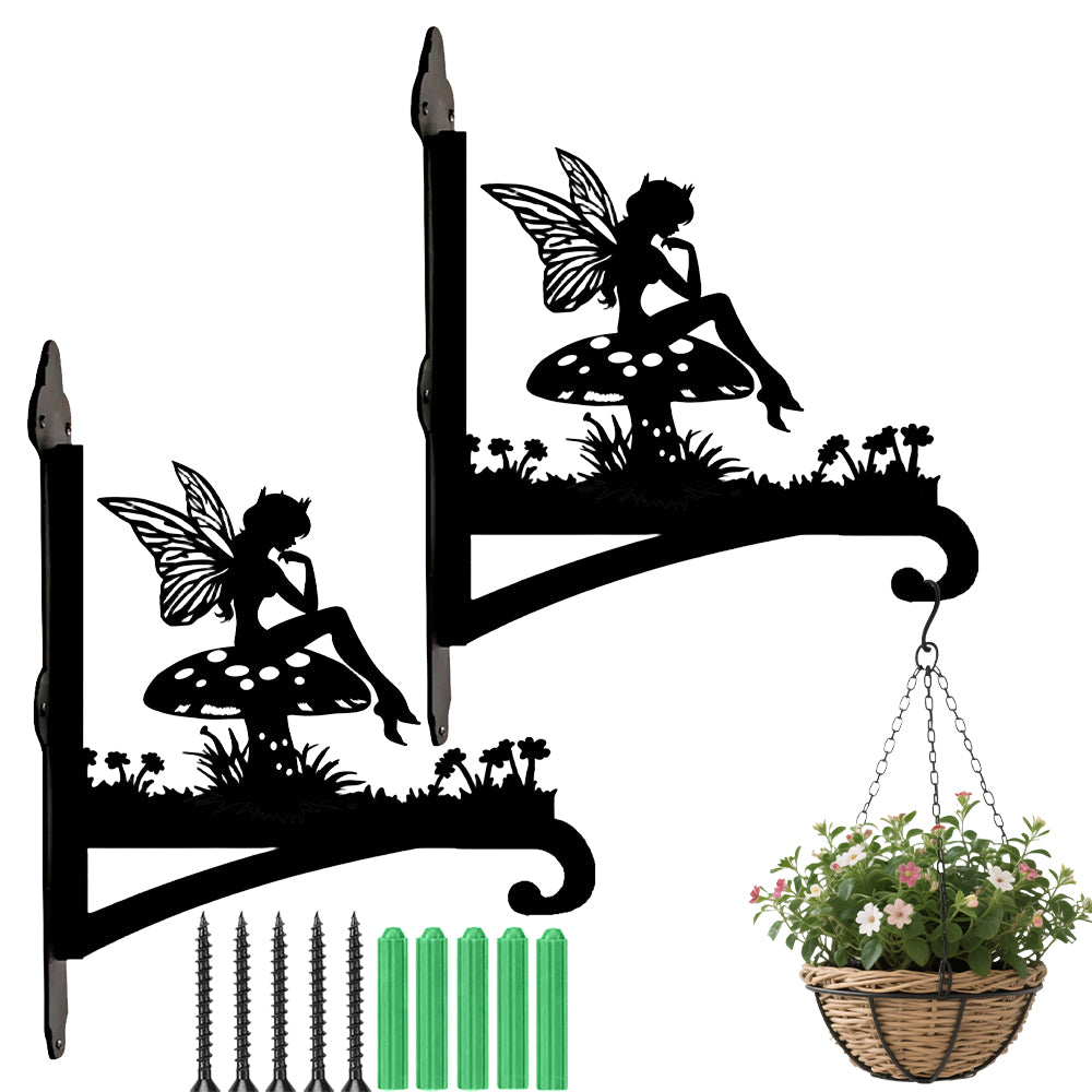 Garden fairy sitting on mushroom metal hanging basket bracket mounted on outdoor wall for plant decoration