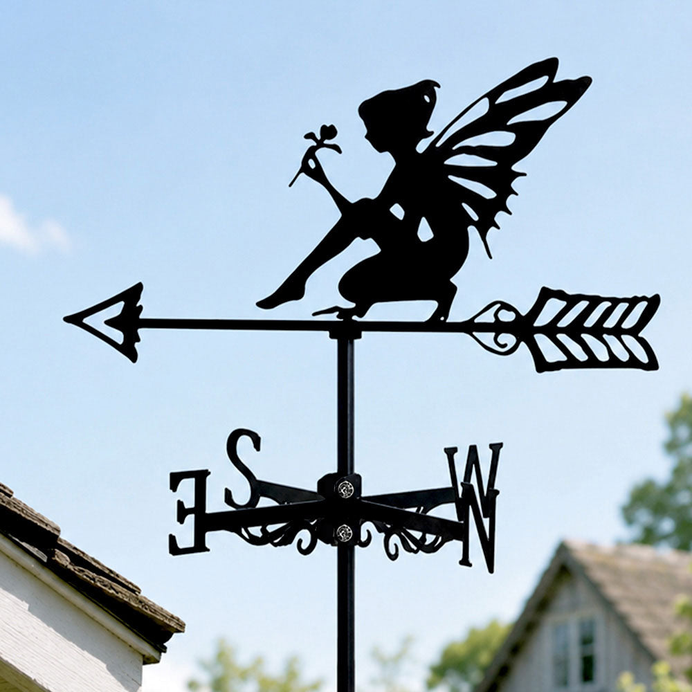 Garden fairy metal weather vane with directional arrows and mounting rod, outdoor roof and garden decoration
