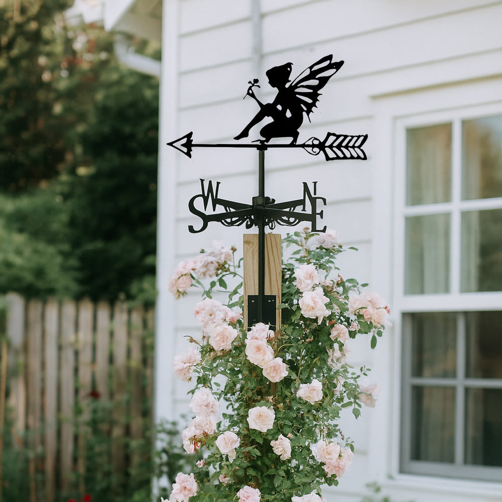 Garden fairy metal weather vane with directional arrows and mounting rod, outdoor roof and garden decoration