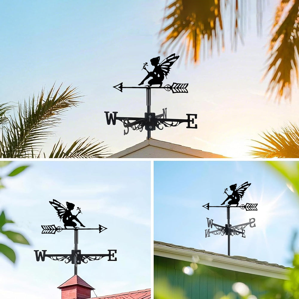 Garden fairy metal weather vane with directional arrows and mounting rod, outdoor roof and garden decoration