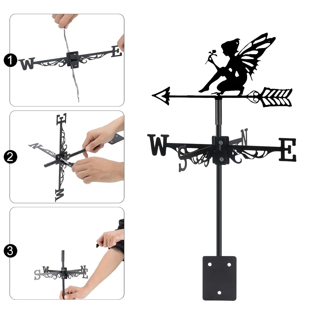 Garden fairy metal weather vane with directional arrows and mounting rod, outdoor roof and garden decoration