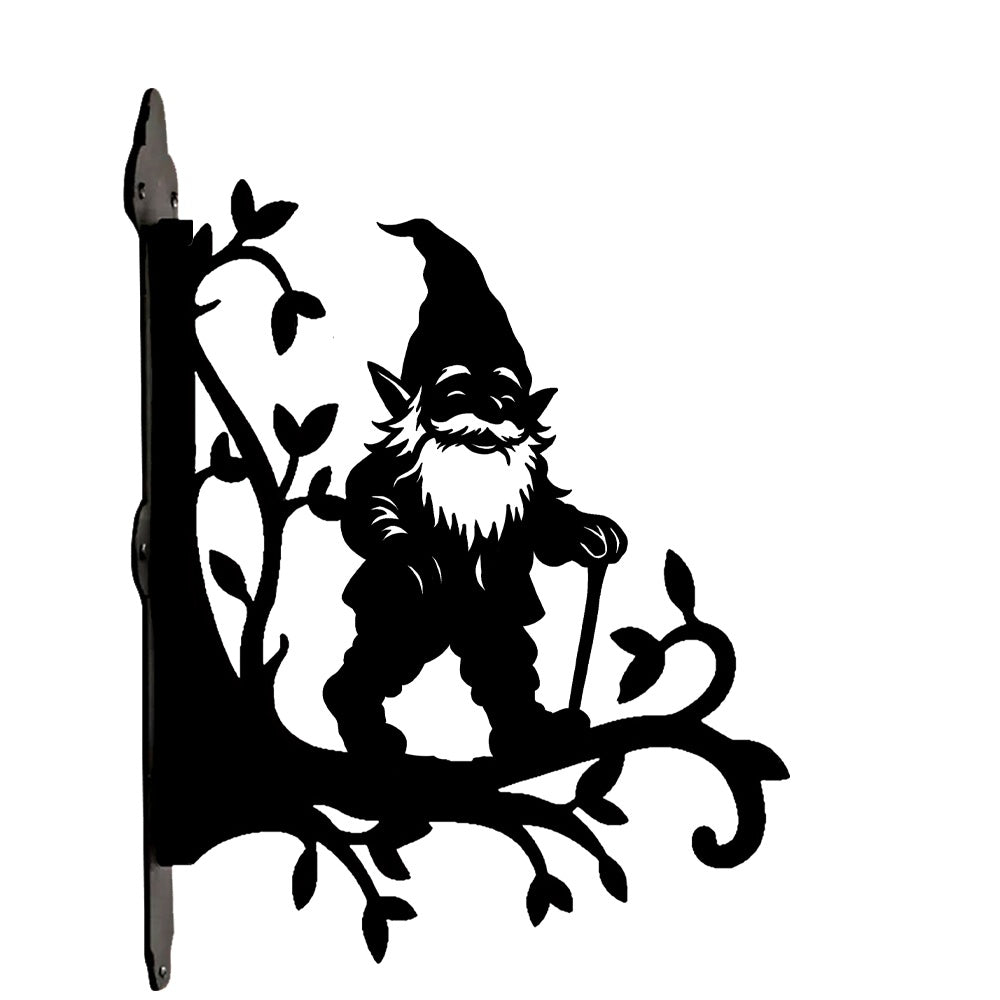 Garden gnome metal hanging basket bracket mounted on outdoor wall for plant decoration