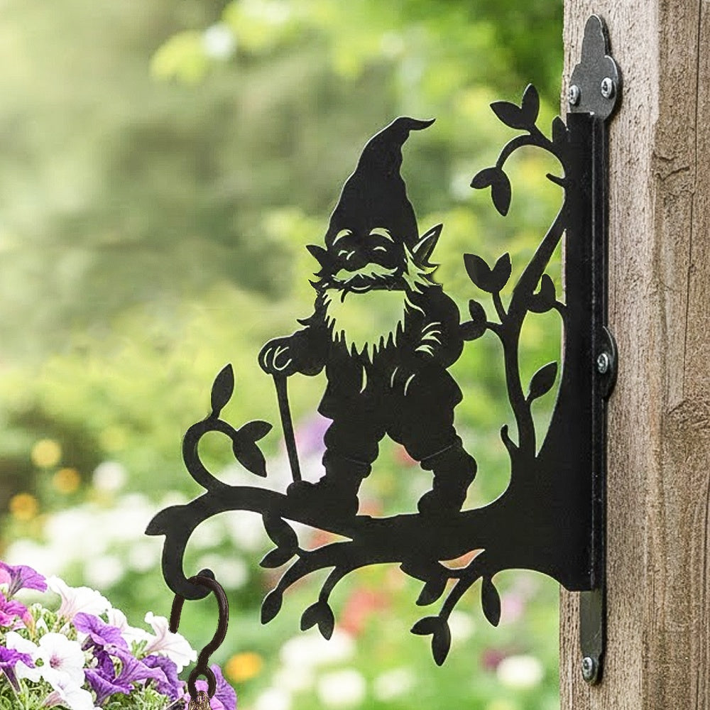 Garden gnome metal hanging basket bracket mounted on outdoor wall for plant decoration