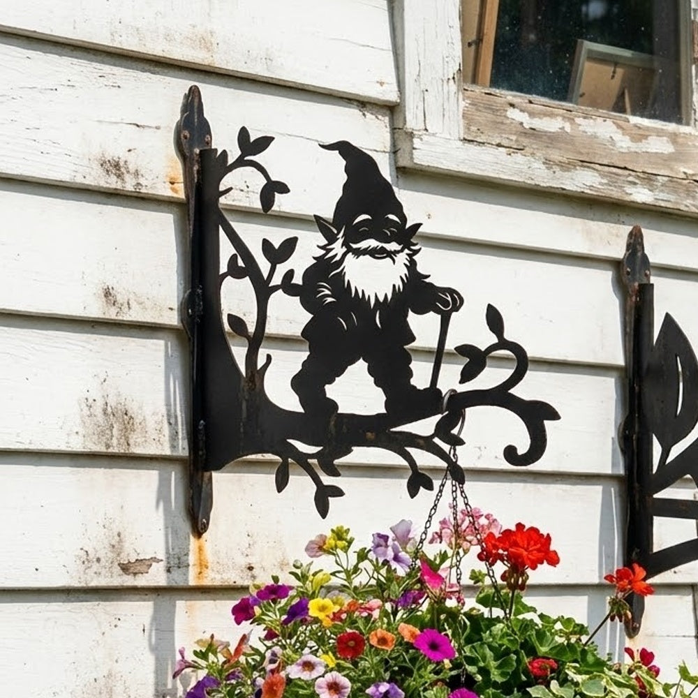Garden gnome metal hanging basket bracket mounted on outdoor wall for plant decoration